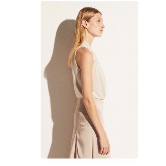 Vince Draped Neck Bodysuit in Sand. - Picture 3 of 7